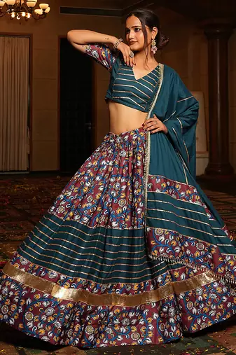 Women's Teal Crepe Printed Work Semi Stiched Lehenga Choli With Dupatta