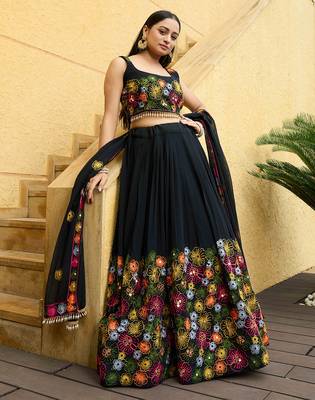 Women's Black Georgette Traditional Kutchi Embroidery with Mirror Work Semi Stiched Lehenga Choli With Dupatta 1