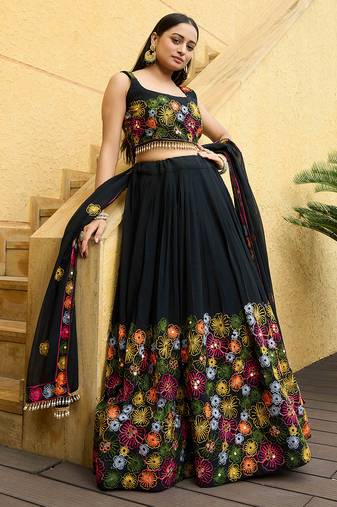Women's Black Georgette Traditional Kutchi Embroidery with Mirror Work Semi Stiched Lehenga Choli With Dupatta