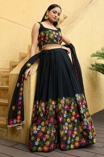 Women's Black Georgette Traditional Kutchi Embroidery with Mirror Work Semi Stiched Lehenga Choli With Dupatta