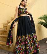Women's Black Georgette Traditional Kutchi Embroidery with Mirror Work Semi Stiched Lehenga Choli With Dupatta
