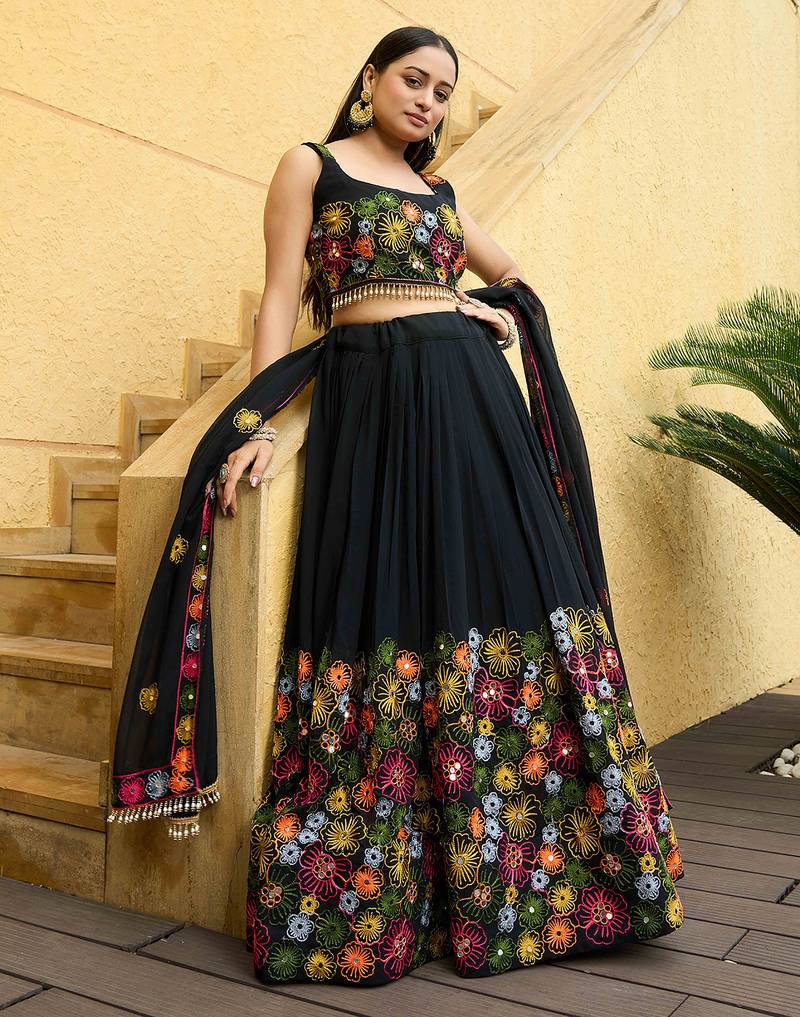 Women's Black Georgette Traditional Kutchi Embroidery with Mirror Work Semi Stiched Lehenga Choli With Dupatta