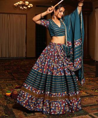 teal floral printed crepe navratri lehenga choli  3
