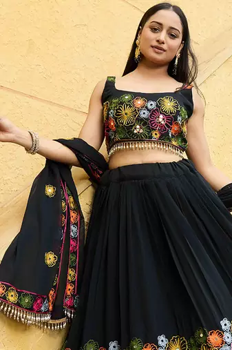 Women's Black Georgette Traditional Kutchi Embroidery with Mirror Work Semi Stiched Lehenga Choli With Dupatta
