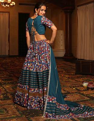 teal floral printed crepe navratri lehenga choli  4