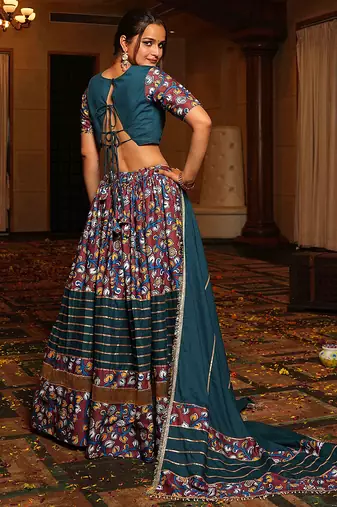 Women's Teal Crepe Printed Work Semi Stiched Lehenga Choli With Dupatta