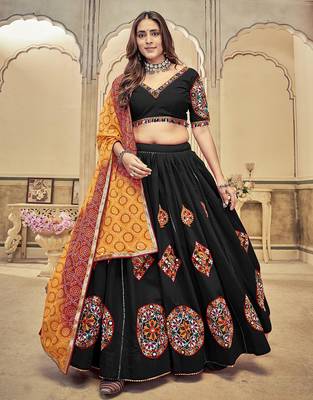 Women's Black Cotton  Silk  Traditional Kutchi Embroidery with Mirror Work Semi Stiched Lehenga Choli With Dupatta 1