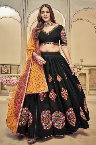 Women's Black Cotton  Silk  Traditional Kutchi Embroidery with Mirror Work Semi Stiched Lehenga Choli With Dupatta