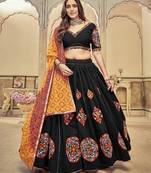 Women's Black Cotton  Silk  Traditional Kutchi Embroidery with Mirror Work Semi Stiched Lehenga Choli With Dupatta