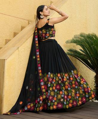 Women's Black Georgette Traditional Kutchi Embroidery with Mirror Work Semi Stiched Lehenga Choli With Dupatta 4