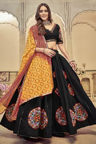 Women's Black Cotton  Silk  Traditional Kutchi Embroidery with Mirror Work Semi Stiched Lehenga Choli With Dupatta