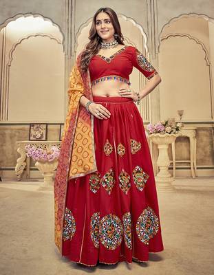 Women's Maroon Cotton  Silk  Traditional Kutchi Embroidery with Mirror Work Semi Stiched Lehenga Choli With Dupatta 1