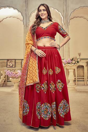 Women's Maroon Cotton  Silk  Traditional Kutchi Embroidery with Mirror Work Semi Stiched Lehenga Choli With Dupatta