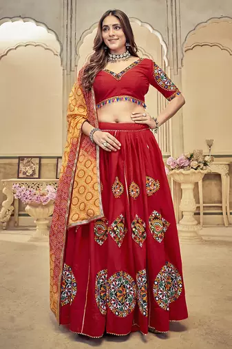 Women's Maroon Cotton  Silk  Traditional Kutchi Embroidery with Mirror Work Semi Stiched Lehenga Choli With Dupatta