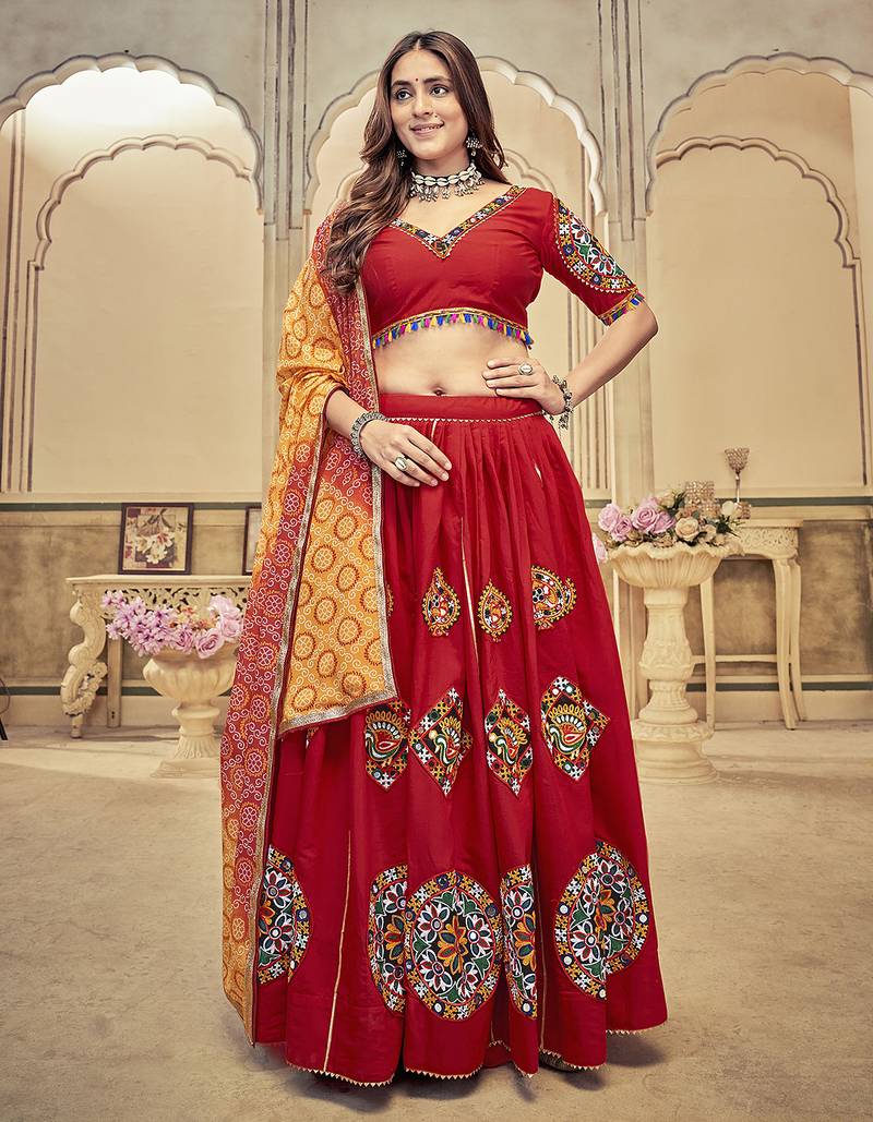 Women's Maroon Cotton  Silk  Traditional Kutchi Embroidery with Mirror Work Semi Stiched Lehenga Choli With Dupatta
