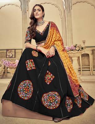 Women's Black Cotton  Silk  Traditional Kutchi Embroidery with Mirror Work Semi Stiched Lehenga Choli With Dupatta 3
