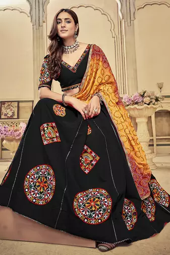 Women's Black Cotton  Silk  Traditional Kutchi Embroidery with Mirror Work Semi Stiched Lehenga Choli With Dupatta