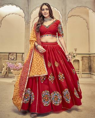 Women's Maroon Cotton  Silk  Traditional Kutchi Embroidery with Mirror Work Semi Stiched Lehenga Choli With Dupatta 2