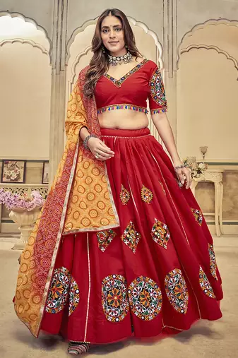 Women's Maroon Cotton  Silk  Traditional Kutchi Embroidery with Mirror Work Semi Stiched Lehenga Choli With Dupatta