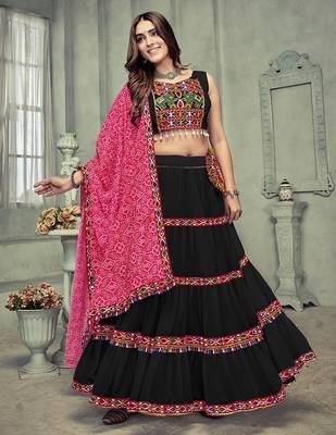 Women's Black Georgette Traditional Kutchi Embroidery with Mirror Work Semi Stiched Lehenga Choli With Dupatta 1