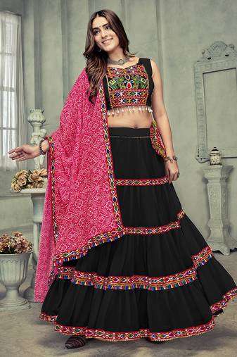 Women's Black Georgette Traditional Kutchi Embroidery with Mirror Work Semi Stiched Lehenga Choli With Dupatta