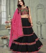 Women's Black Georgette Traditional Kutchi Embroidery with Mirror Work Semi Stiched Lehenga Choli With Dupatta