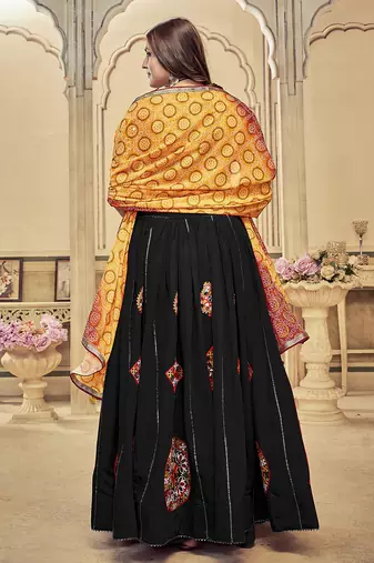 Women's Black Cotton  Silk  Traditional Kutchi Embroidery with Mirror Work Semi Stiched Lehenga Choli With Dupatta