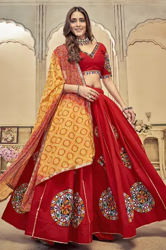 Women's Maroon Cotton  Silk  Traditional Kutchi Embroidery with Mirror Work Semi Stiched Lehenga Choli With Dupatta