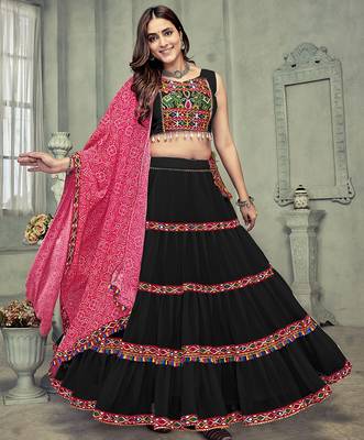 Women's Black Georgette Traditional Kutchi Embroidery with Mirror Work Semi Stiched Lehenga Choli With Dupatta 2