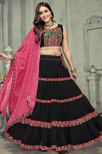 Women's Black Georgette Traditional Kutchi Embroidery with Mirror Work Semi Stiched Lehenga Choli With Dupatta