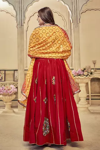 Women's Maroon Cotton  Silk  Traditional Kutchi Embroidery with Mirror Work Semi Stiched Lehenga Choli With Dupatta