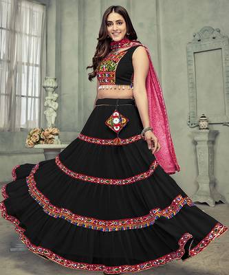 Women's Black Georgette Traditional Kutchi Embroidery with Mirror Work Semi Stiched Lehenga Choli With Dupatta 3