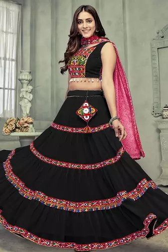Women's Black Georgette Traditional Kutchi Embroidery with Mirror Work Semi Stiched Lehenga Choli With Dupatta