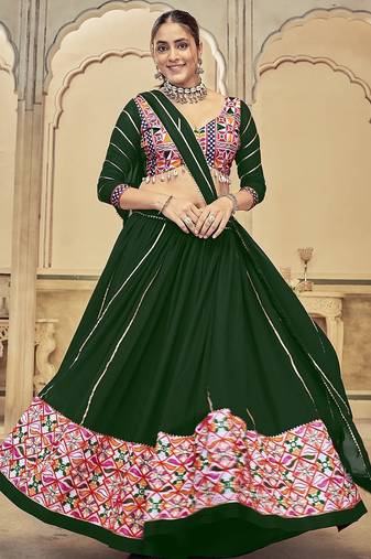 dark green kutchi embroidery georgette navratri lehenga choli