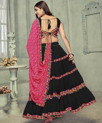 Women's Black Georgette Traditional Kutchi Embroidery with Mirror Work Semi Stiched Lehenga Choli With Dupatta 4