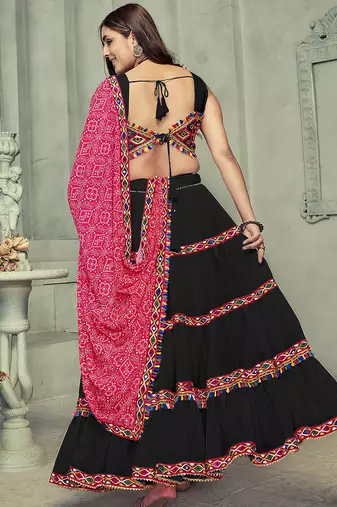 Women's Black Georgette Traditional Kutchi Embroidery with Mirror Work Semi Stiched Lehenga Choli With Dupatta