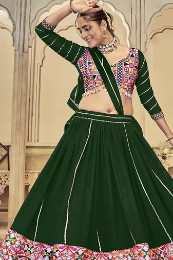 Women's Green Georgette Traditional Kutchi Embroidery with Mirror Work Semi Stiched Lehenga Choli With Dupatta