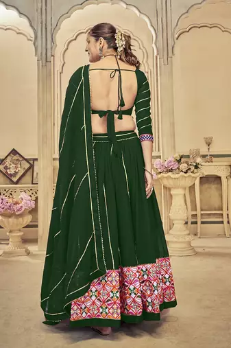 Women's Green Georgette Traditional Kutchi Embroidery with Mirror Work Semi Stiched Lehenga Choli With Dupatta