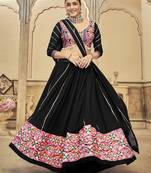 Women's Black Georgette Traditional Kutchi Embroidery with Mirror Work Semi Stiched Lehenga Choli With Dupatta