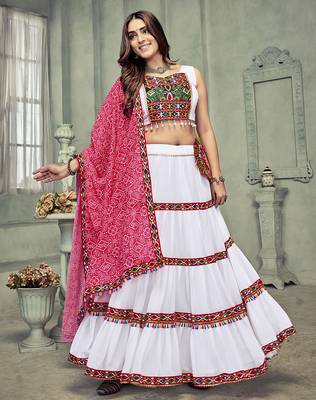 Women's White Georgette Traditional Kutchi Embroidery with Mirror Work Semi Stiched Lehenga Choli With Dupatta 1