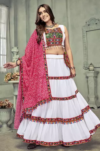 Women's White Georgette Traditional Kutchi Embroidery with Mirror Work Semi Stiched Lehenga Choli With Dupatta