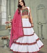 Women's White Georgette Traditional Kutchi Embroidery with Mirror Work Semi Stiched Lehenga Choli With Dupatta