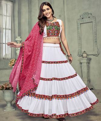 Women's White Georgette Traditional Kutchi Embroidery with Mirror Work Semi Stiched Lehenga Choli With Dupatta 2