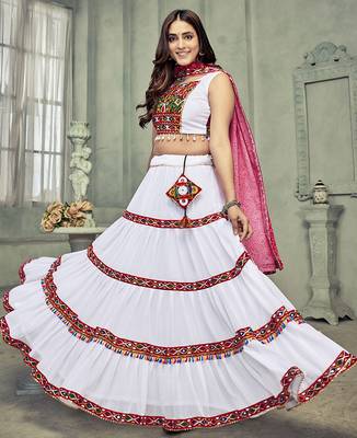 Women's White Georgette Traditional Kutchi Embroidery with Mirror Work Semi Stiched Lehenga Choli With Dupatta 3