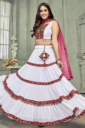 Women's White Georgette Traditional Kutchi Embroidery with Mirror Work Semi Stiched Lehenga Choli With Dupatta