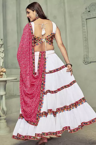 Women's White Georgette Traditional Kutchi Embroidery with Mirror Work Semi Stiched Lehenga Choli With Dupatta