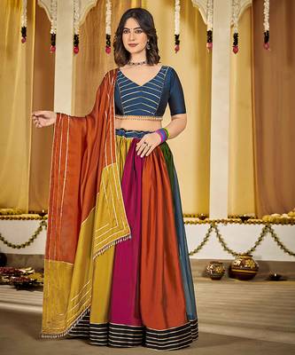 Women's Multi Colour Rangoli Silk Traditional Kutchi Embroidery with Mirror Work Semi Stiched Lehenga Choli With Dupatta 1