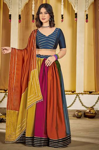 Women's Multi Colour Rangoli Silk Traditional Kutchi Embroidery with Mirror Work Semi Stiched Lehenga Choli With Dupatta