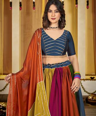 Women's Multi Colour Rangoli Silk Traditional Kutchi Embroidery with Mirror Work Semi Stiched Lehenga Choli With Dupatta 2