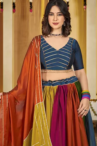 Women's Multi Colour Rangoli Silk Traditional Kutchi Embroidery with Mirror Work Semi Stiched Lehenga Choli With Dupatta